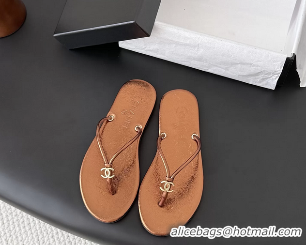 Super Quality Chanel CC Logo Brown Leather Thong Flats Sandals 6051405