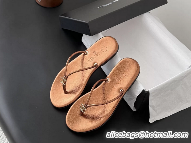 Super Quality Chanel CC Logo Brown Leather Thong Flats Sandals 6051405