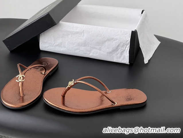 Super Quality Chanel CC Logo Brown Leather Thong Flats Sandals 6051405