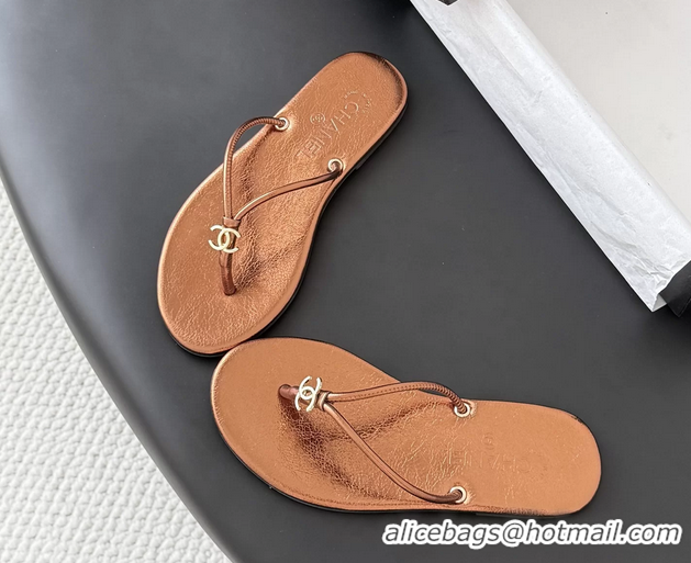Super Quality Chanel CC Logo Brown Leather Thong Flats Sandals 6051405