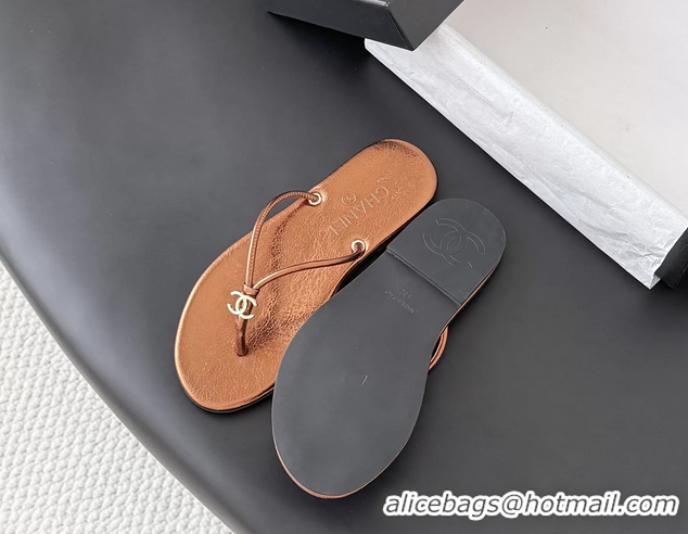 Super Quality Chanel CC Logo Brown Leather Thong Flats Sandals 6051405