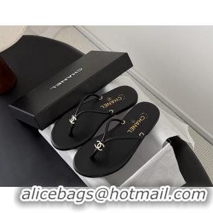 Unique Style Chanel CC Logo Black Leather Thong Flats Sandals 6051405