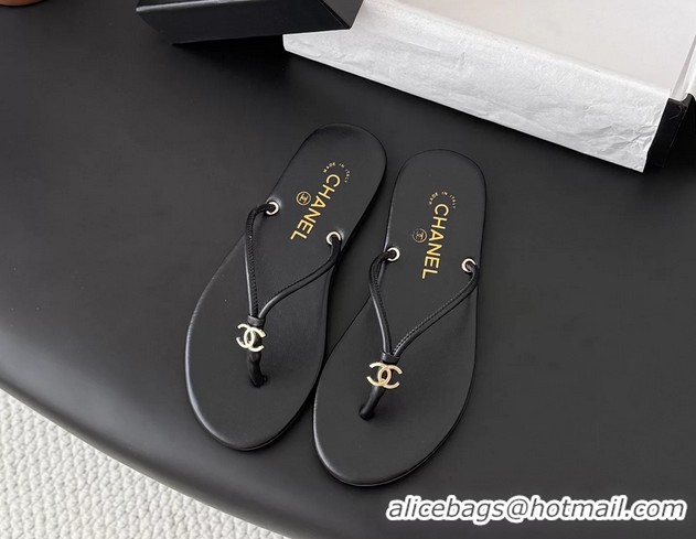 Unique Style Chanel CC Logo Black Leather Thong Flats Sandals 6051405