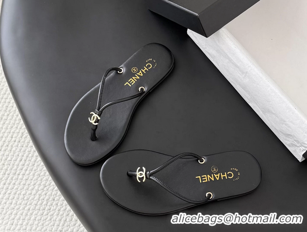 Unique Style Chanel CC Logo Black Leather Thong Flats Sandals 6051405
