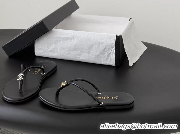 Unique Style Chanel CC Logo Black Leather Thong Flats Sandals 6051405