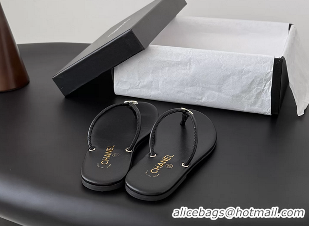 Unique Style Chanel CC Logo Black Leather Thong Flats Sandals 6051405