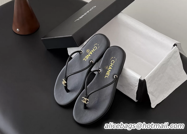 Unique Style Chanel CC Logo Black Leather Thong Flats Sandals 6051405