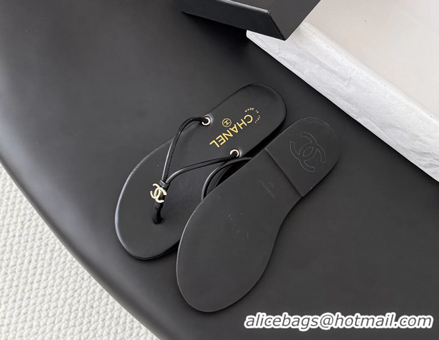 Unique Style Chanel CC Logo Black Leather Thong Flats Sandals 6051405