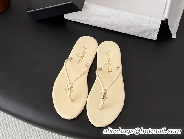 Durable Chanel CC Logo Beige Leather Thong Flats Sandals 6051405