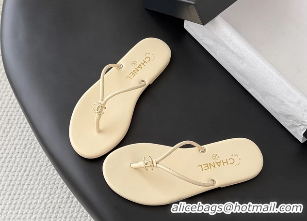 Durable Chanel CC Logo Beige Leather Thong Flats Sandals 6051405