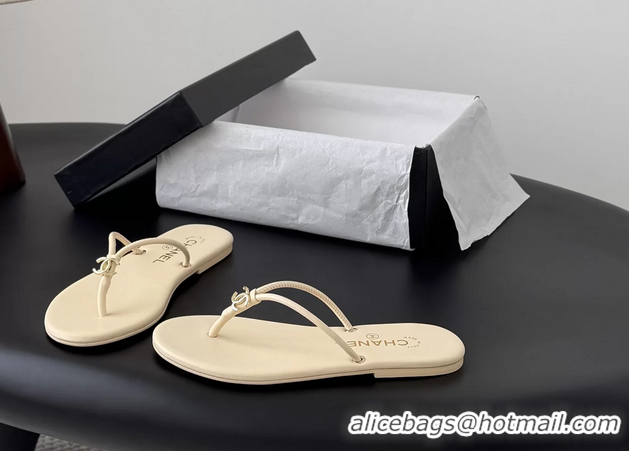Durable Chanel CC Logo Beige Leather Thong Flats Sandals 6051405
