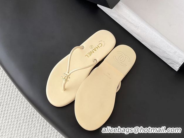 Durable Chanel CC Logo Beige Leather Thong Flats Sandals 6051405