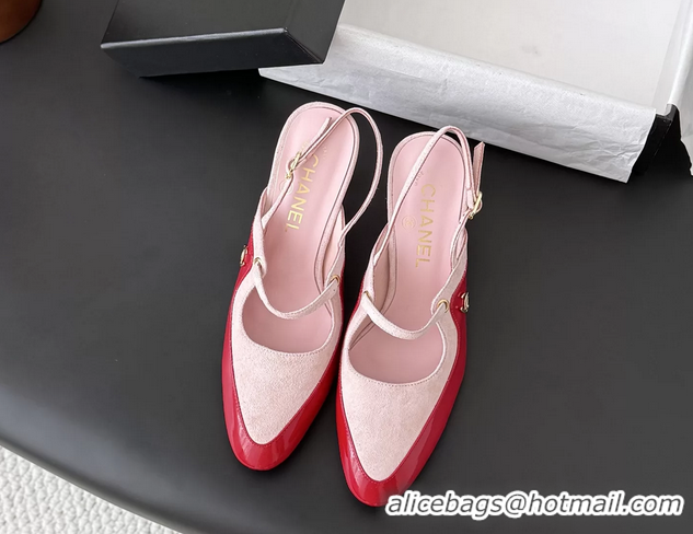 Crafted Chanel CC Logo Red Patent Leather and Pink Suede Calfskin High Heeled Mules 6051501