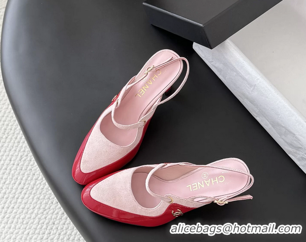 Crafted Chanel CC Logo Red Patent Leather and Pink Suede Calfskin High Heeled Mules 6051501