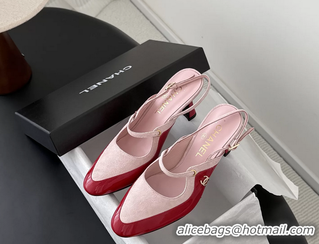 Crafted Chanel CC Logo Red Patent Leather and Pink Suede Calfskin High Heeled Mules 6051501