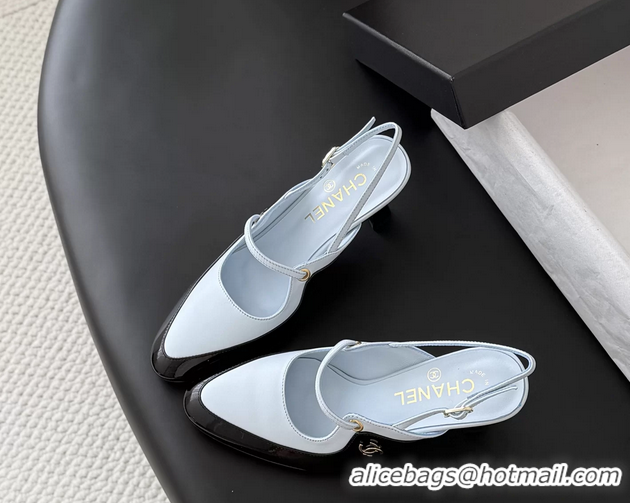 Lower Price Chanel CC Logo Black Patent Leather and Light Blue Calfskin High Heeled Mules 6051501