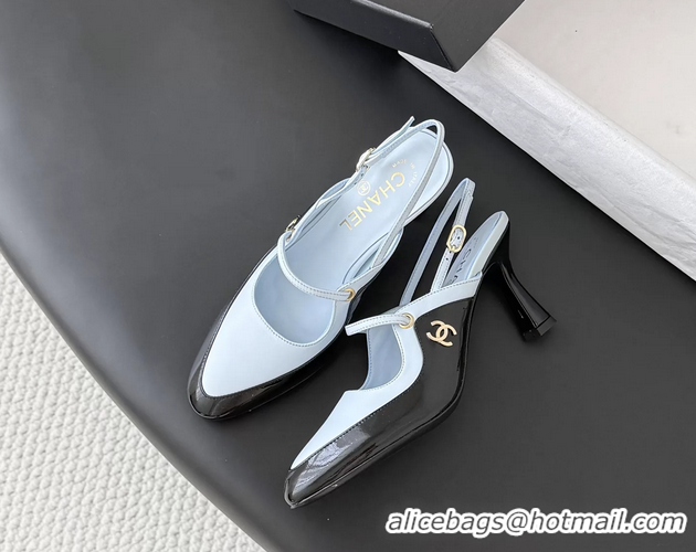 Lower Price Chanel CC Logo Black Patent Leather and Light Blue Calfskin High Heeled Mules 6051501