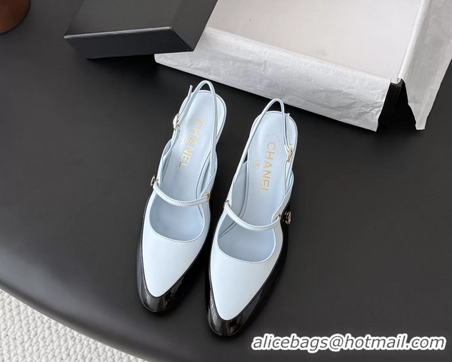 Lower Price Chanel CC Logo Black Patent Leather and Light Blue Calfskin High Heeled Mules 6051501
