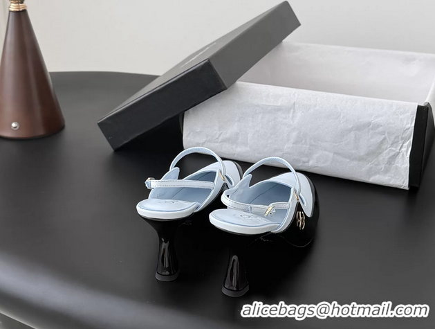 Lower Price Chanel CC Logo Black Patent Leather and Light Blue Calfskin High Heeled Mules 6051501