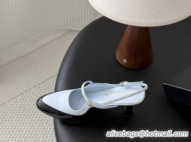 Lower Price Chanel CC Logo Black Patent Leather and Light Blue Calfskin High Heeled Mules 6051501