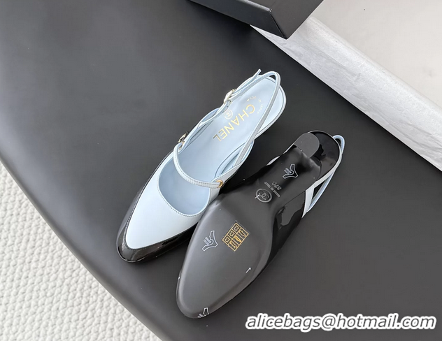 Lower Price Chanel CC Logo Black Patent Leather and Light Blue Calfskin High Heeled Mules 6051501