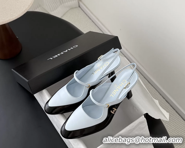 Lower Price Chanel CC Logo Black Patent Leather and Light Blue Calfskin High Heeled Mules 6051501