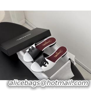 Low Price Chanel CC Logo White Black Calf Leather Flats Slides Sandals 6051502