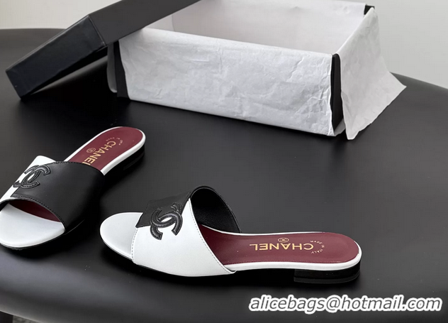 Low Price Chanel CC Logo White Black Calf Leather Flats Slides Sandals 6051502