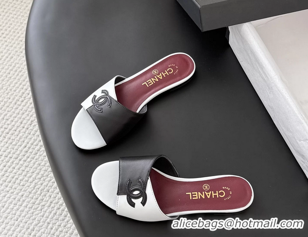 Low Price Chanel CC Logo White Black Calf Leather Flats Slides Sandals 6051502