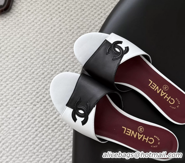 Low Price Chanel CC Logo White Black Calf Leather Flats Slides Sandals 6051502