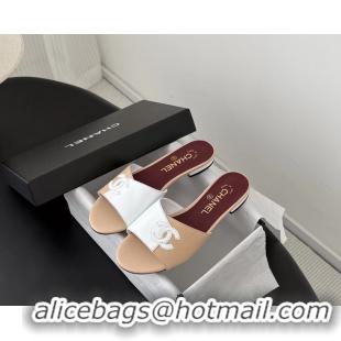 Low Price Chanel CC Logo White Black Calf Leather Flats Slides Sandals 6051502