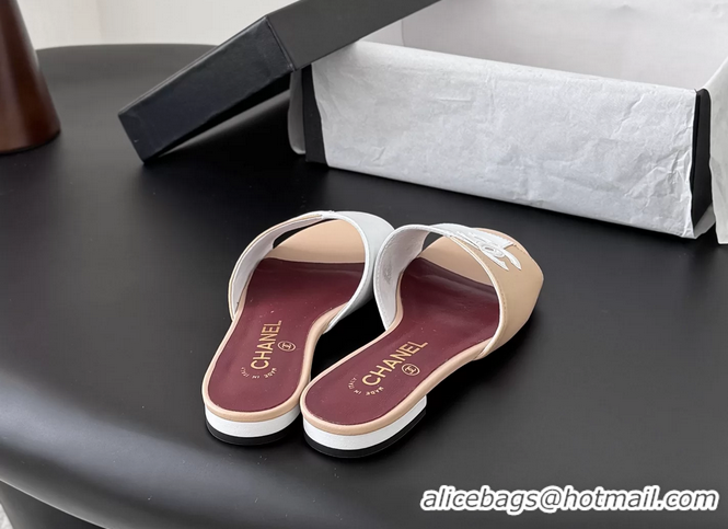 Low Price Chanel CC Logo White Black Calf Leather Flats Slides Sandals 6051502