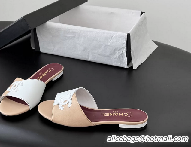 Low Price Chanel CC Logo White Black Calf Leather Flats Slides Sandals 6051502