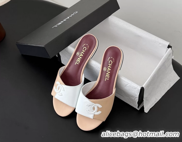 Low Price Chanel CC Logo White Black Calf Leather Flats Slides Sandals 6051502