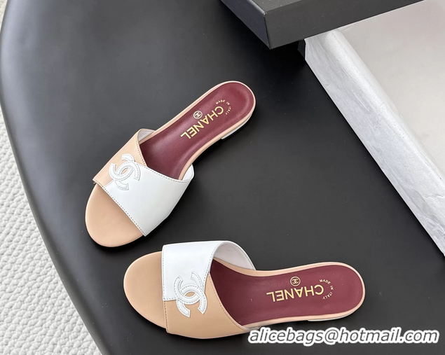Low Price Chanel CC Logo White Black Calf Leather Flats Slides Sandals 6051502