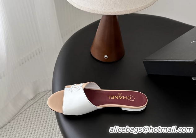 Low Price Chanel CC Logo White Black Calf Leather Flats Slides Sandals 6051502