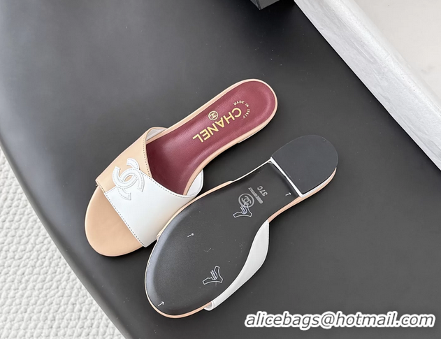 Low Price Chanel CC Logo White Black Calf Leather Flats Slides Sandals 6051502