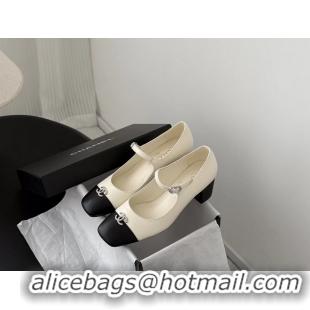 Famous Chanel CC Logo Mary Jane Ballet Pumps Cream Black Calf Leather 6051503