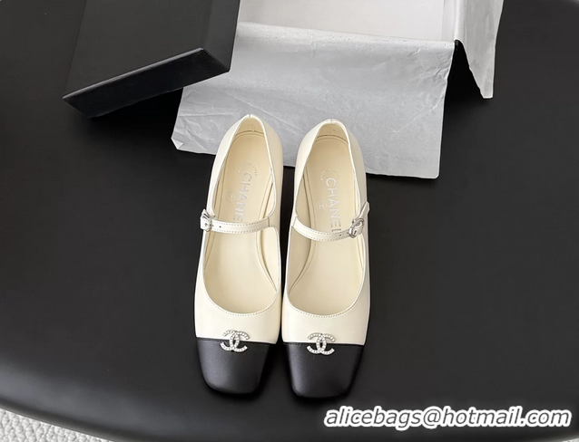 Famous Chanel CC Logo Mary Jane Ballet Pumps Cream Black Calf Leather 6051503