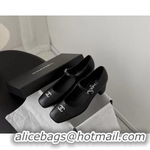 Good Quality Chanel CC Logo Mary Jane Ballet Pumps Black Calf Leather 6051503