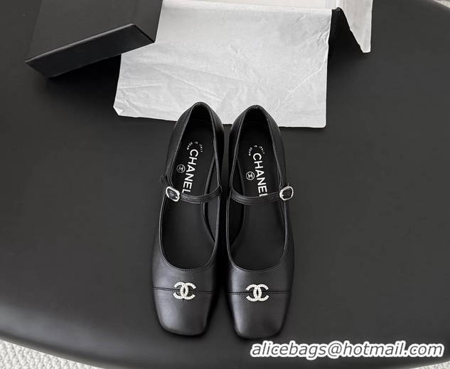 Good Quality Chanel CC Logo Mary Jane Ballet Pumps Black Calf Leather 6051503