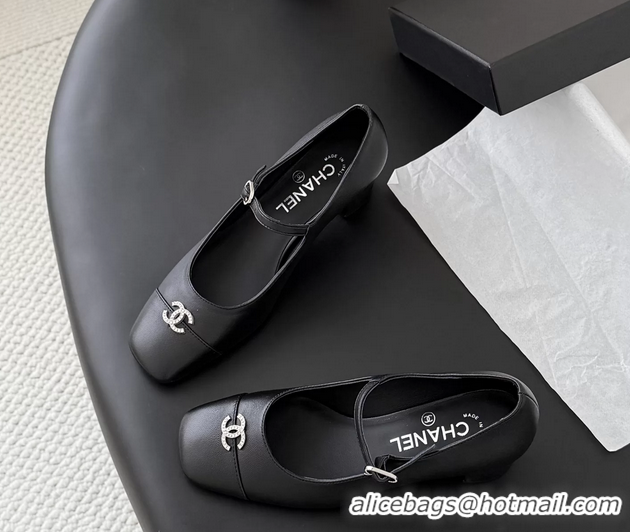 Good Quality Chanel CC Logo Mary Jane Ballet Pumps Black Calf Leather 6051503