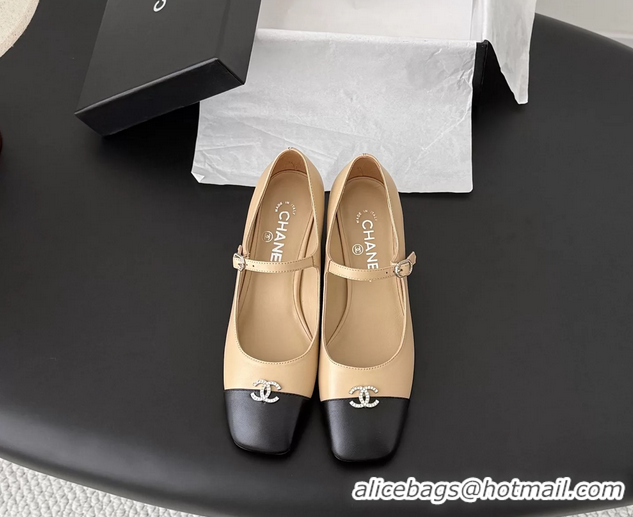 Shop Duplicate Chanel CC Logo Mary Jane Ballet Pumps Beige Black Calf Leather 6051503