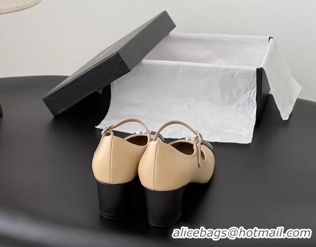 Shop Duplicate Chanel CC Logo Mary Jane Ballet Pumps Beige Black Calf Leather 6051503