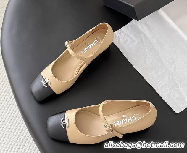 Shop Duplicate Chanel CC Logo Mary Jane Ballet Pumps Beige Black Calf Leather 6051503