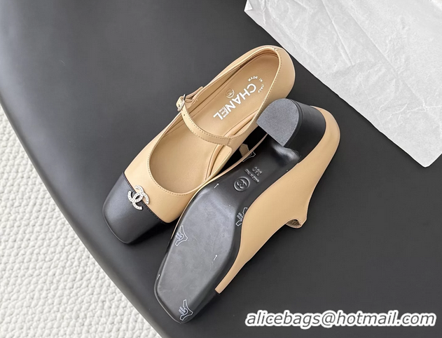 Shop Duplicate Chanel CC Logo Mary Jane Ballet Pumps Beige Black Calf Leather 6051503