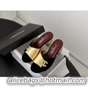 Original Cheap Chanel CC Logo Gold Metal Leather and Black Suede Heeled Slides Sandals 6051601