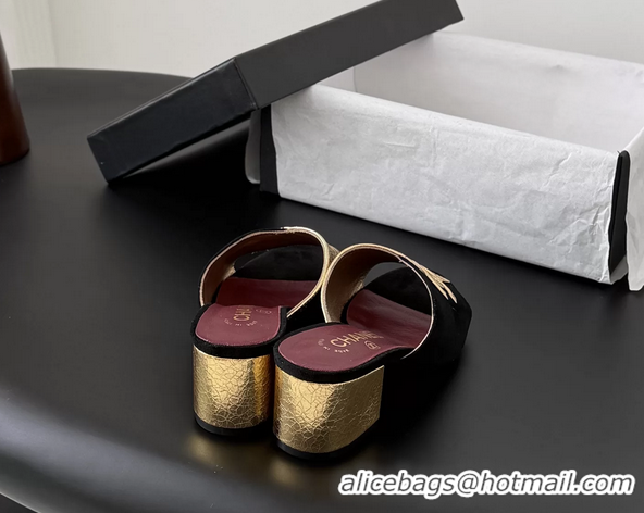 Original Cheap Chanel CC Logo Gold Metal Leather and Black Suede Heeled Slides Sandals 6051601