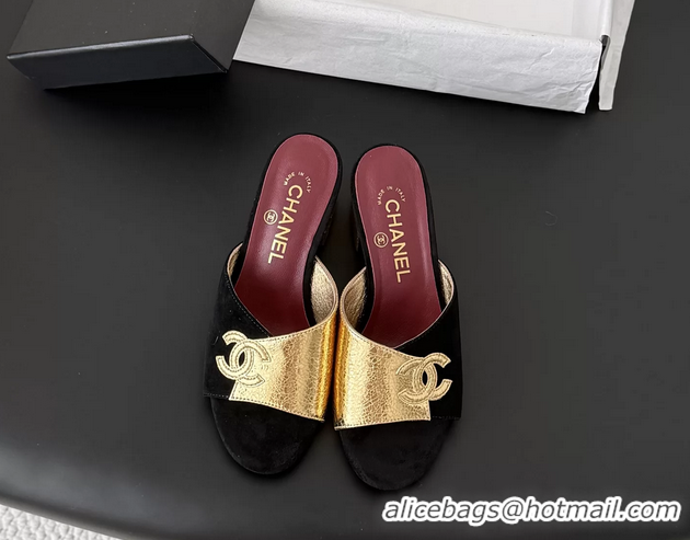 Original Cheap Chanel CC Logo Gold Metal Leather and Black Suede Heeled Slides Sandals 6051601