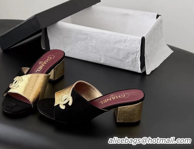 Original Cheap Chanel CC Logo Gold Metal Leather and Black Suede Heeled Slides Sandals 6051601